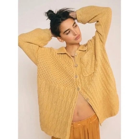 Free People Sweaters - Free People Say Anything Yellow Cable Knit Cardigan Sweater Oversized S NEW